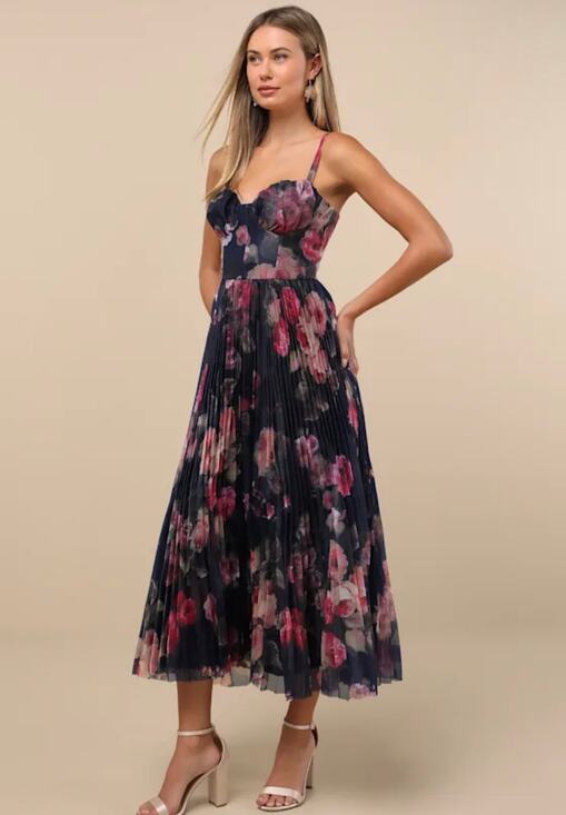 Lulus Dresses & Skirts - Lulus Alluring Invite Midnight Blue Floral Pleated Bustier Midi Dress XS